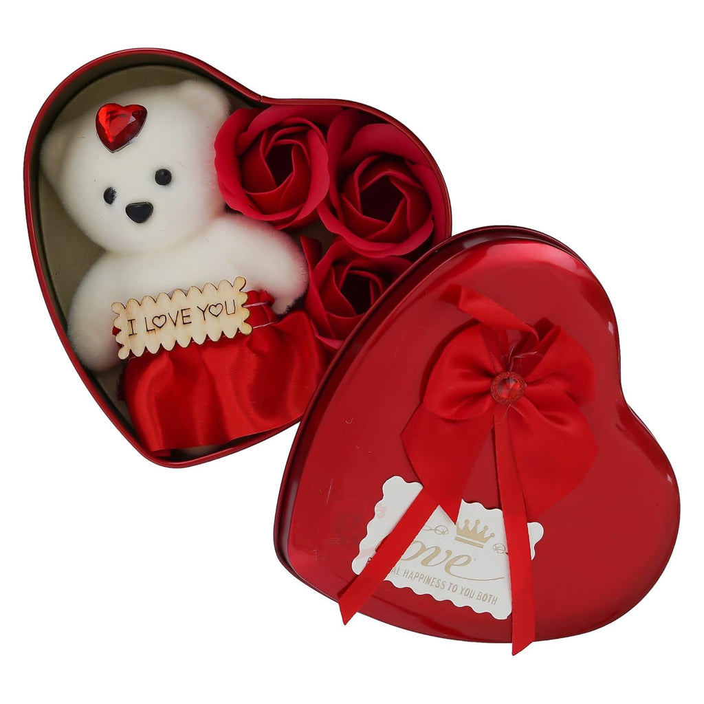 Heart Shaped Valentines Day Gift Box with I Love You Message Teddy Bear 3 Red Roses Valentine Gift for Girlfriend Boyfriend Husband Wife Valentines Day Gift Valentine Day Decoration Items